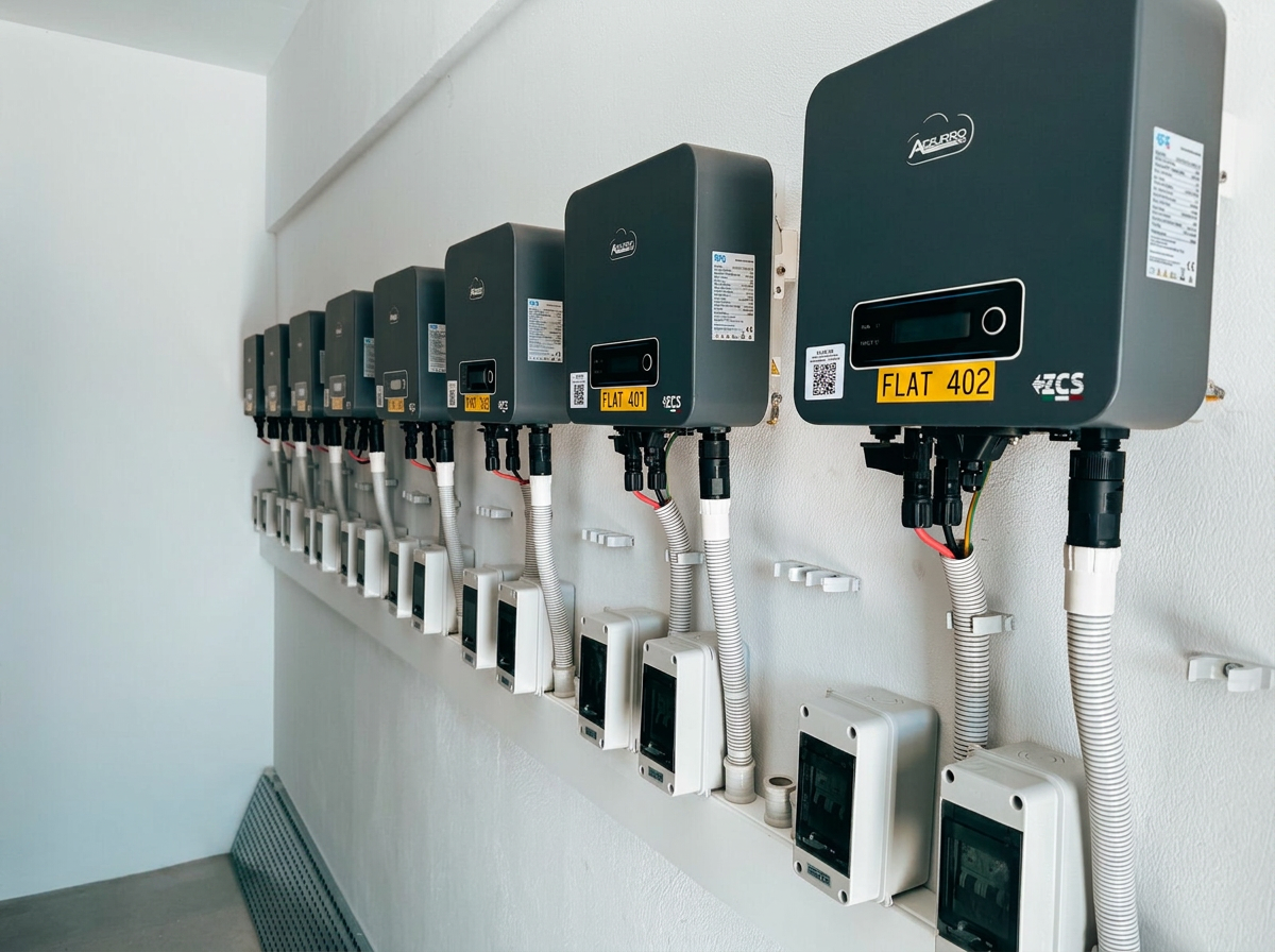 Solar panel arrays and individual inverters installed for an apartment block in Limassol