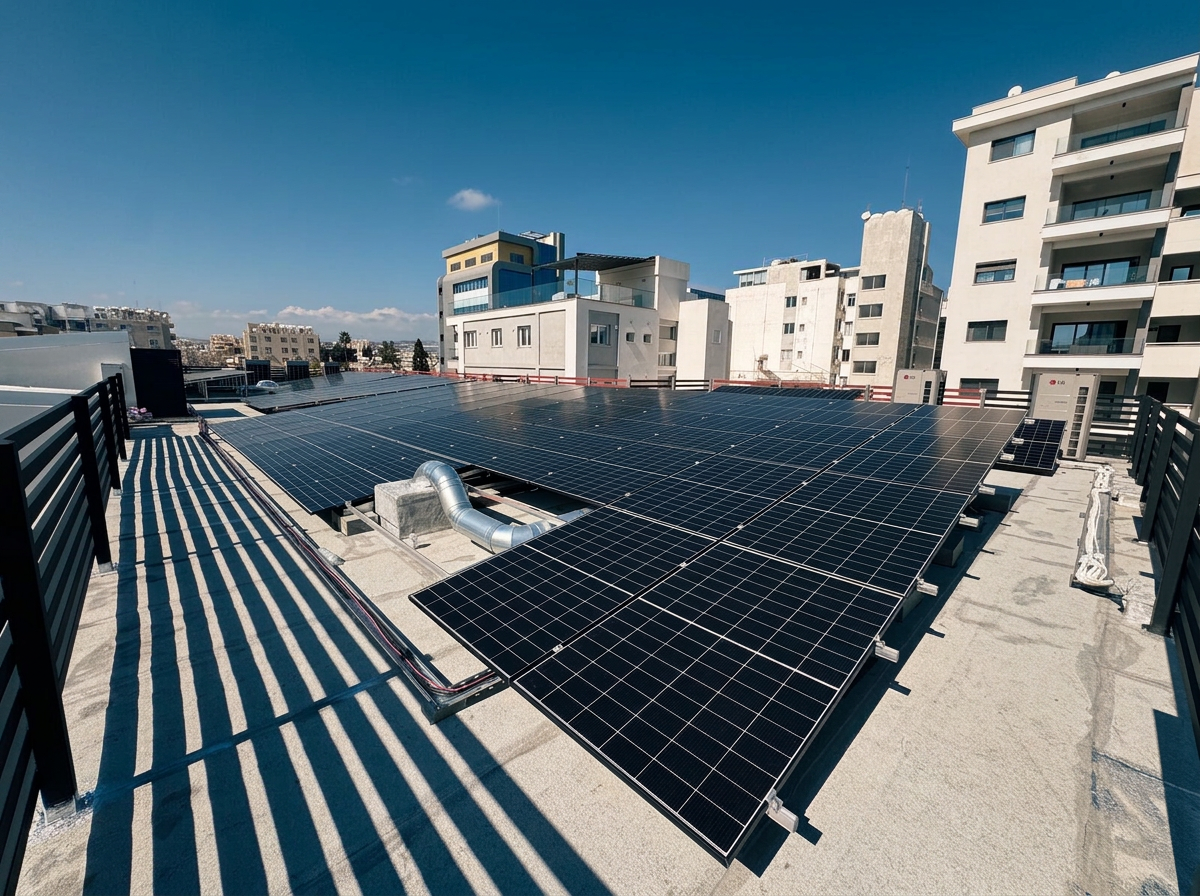 60 kW commercial solar installation with hybrid inverters on a Limassol building