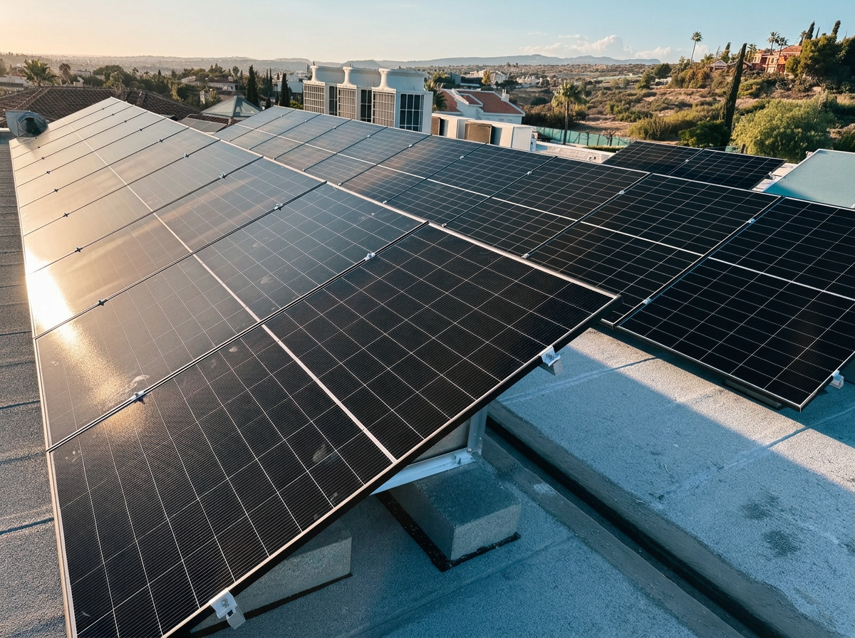 Rooftop photovoltaic panels installed on a detached home in Limassol, Cyprus