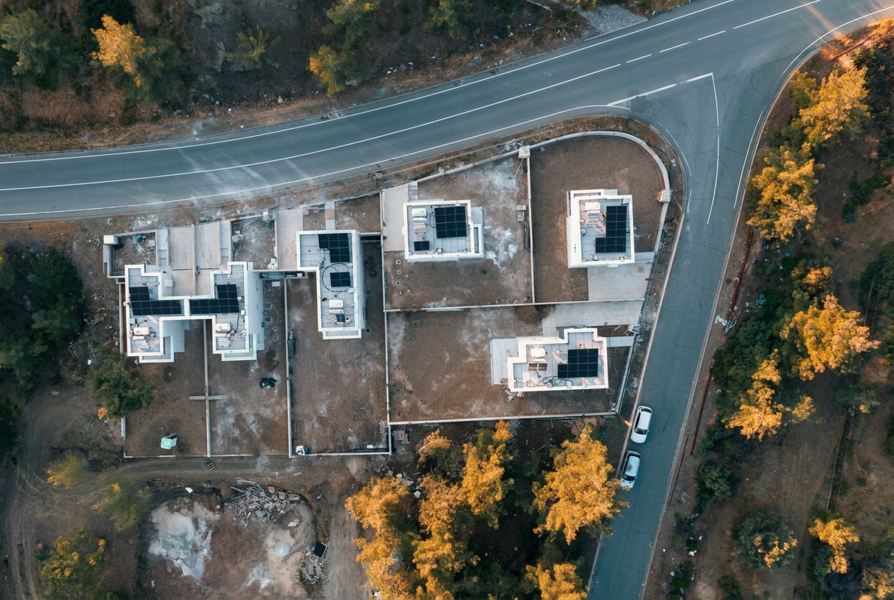 Aerial view of photovoltaic systems on a six-home development in Trimiklini, Cyprus